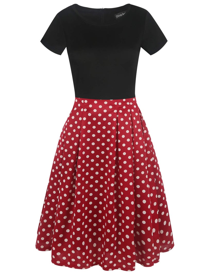 oxiuly Women's Vintage Dresses Patchwork Pockets Puffy Swing Casual Party Dress OX165 (BK-Red dot, l) - Image 3